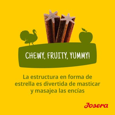 CHEWY, FRUITY, YUMMY! La estructura en forma de estrella es divertida de masticar y masajea las encías. Josera.