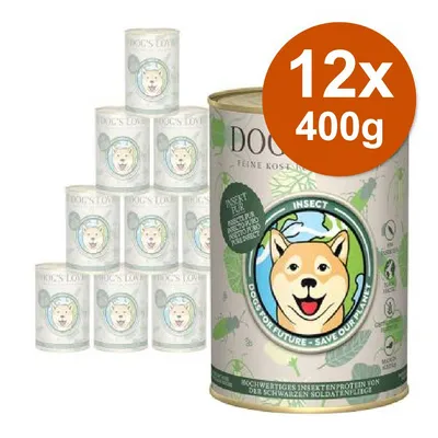 Confezione da 12 lattine DOG'S LOVE Insect, 400 g ciascuna. Testo visibile: 'Hochwertiges Insektenprotein von der schwarzen Soldatenfliege'. Immagine di cane stilizzato sull'etichetta.