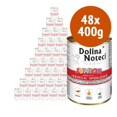 48 lattine da 400 g Dolina Noteci Premium Junior, bogata w serca wołowe. Testo visibile: marchew, omega-3 i omega-6, jukka Mojave. Etichetta in polacco.