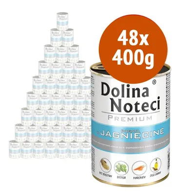 Dolina Noteci Premium, confezione da 48 lattine da 400 g ciascuna. Sulla lattina: riso bruno, basilico, carota, olio di lino. Testo in polacco: bogata w jagnięcine.
