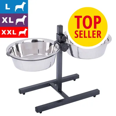 Gamelle double en métal sur support réglable, signalée TOP SELLER. Indications de tailles L, XL, XXL avec silhouettes de chiens.