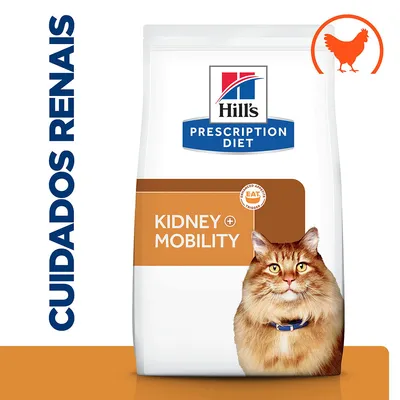 Hill's Prescription Diet Kidney + Mobility para gatos. Texto visível: CUIDADOS RENAIS, KIDNEY + MOBILITY, imagem de um gato e ícone de frango.