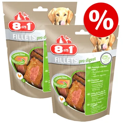 2 zakken 8in1 FILLETS pro digest, zichtbaar: kipfilet, Nutri-Center, promotie met procentteken. Tekst: Premium Chicken Fillet, supports digestion, met cichoreiwortel.