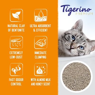 Tigerino Premium. Natural clay of bentonite, ultra absorbent & efficient, extremely low-dust, immediate clumping, fast odour control, with almond milk and honey scent.