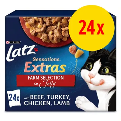 Latz Sensations Extras Farm Selection in Jelly, 24x med beef, turkey, chicken, lamb. Stor gul cirkel med rød tekst: 24x. PURINA synligt øverst til venstre.