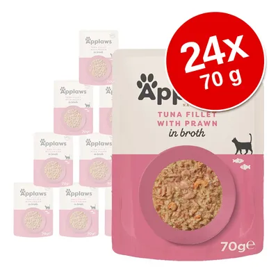 Pachet 24x70g Applaws Tuna Fillet with Prawn in Broth, imagine cu plicuri roz, text vizibil: 'Tuna Fillet with Prawn in broth', siluetă de pisică și pești, 70g.