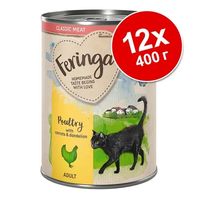 Feringa Poultry with carrots & dandelion, Adult. Консерва за котки, 12×400 г. Видими са илюстрации на черна котка и пиле. Feringa Poultry with carrots & dandelion, Adult. Консерва за котки, 12×400 г. Видими са илюстрации на черна котка и пиле.