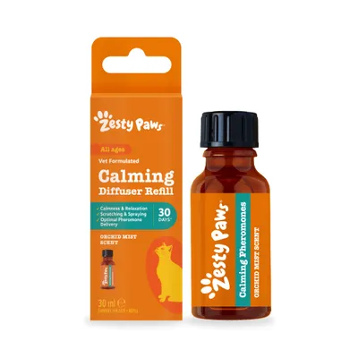 Zesty Paws Calming Diffuser Refill, 30 ml, Orchid Mist Scent, for all age groups, support for cats, calming pheromones, lasts for 30 days. Zesty Paws Calming Diffuser Refill, 30 ml, Orchid Mist Scent, for all age groups, support for cats, calming pheromones, lasts for 30 days.