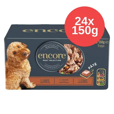 Balení encore Meat Selection, 24×150g. Viditelný text: MADE WITH NATURAL INGREDIENTS, 2× CHICKEN & BEEF WITH VEGETABLES, 2× CHICKEN WITH VEGETABLES, 1× CHICKEN LAMB & VEGETABLES, PÂTÉ.