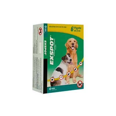 Confezione Exspot soluzione spot-on per cani, 6 pipette da 1 mL. Immagine di due cani e simboli di insetti barrati. Testo visibile: MSD Animal Health.