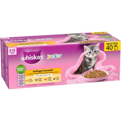 whiskas Junior Fjerkræ Udvalg, 2-12 måneder, Mega Pack 40, 100% ingredienser af høj kvalitet, med kylling, fjerkræ, kalkun, and, i gelé. Understøtter sund vækst.