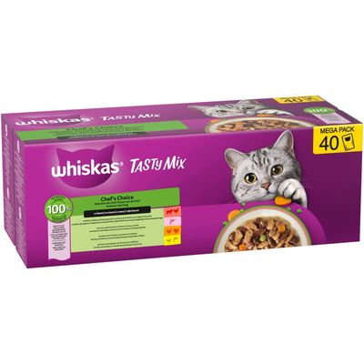 whiskas Tasty Mix Chef's Choice Mega Pack 40 portioner, 100% komplet måltid. Forskellige varianter i sauce, udvalg synligt på emballagen.
