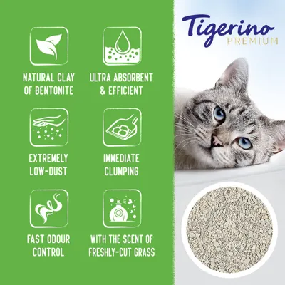 Tigerino Premium. Natural clay of bentonite, ultra absorbent & efficient, extremely low-dust, immediate clumping, fast odour control, with the scent of freshly-cut grass.