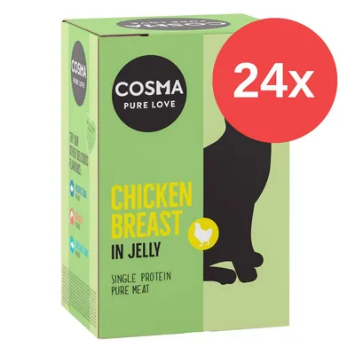 Cosma Pure Love Chicken Breast in Jelly, confezione da 24. Testo visibile: single protein pure meat. Immagine di scatola verde con sagoma di gatto e icona pollo.