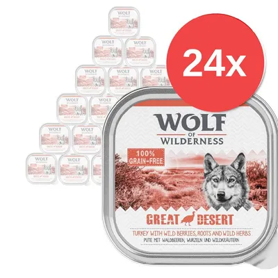Wolf of Wilderness Great Desert, 24x vaschette. Testo visibile: 100% grain-free, turkey with wild berries, roots and wild herbs. Immagine della confezione del prodotto. Wolf of Wilderness Great Desert, 24x vaschette. Testo visibile: 100% grain-free, turkey with wild berries, roots and wild herbs. Immagine della confezione del prodotto.