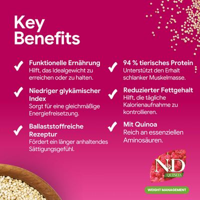 Funktionelle Ernährung, niedriger glykämischer Index, ballaststoffreiche Rezeptur, 94% tierisches Protein, reduzierter Fettgehalt, mit Quinoa. N&D Quinoa Weight Management.