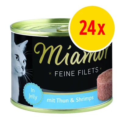 Miamor Feine Filets In Jelly mit Thun & Shrimps kissanmärkäruoka, 24x annospurkkia näkyvissä pakkauksessa