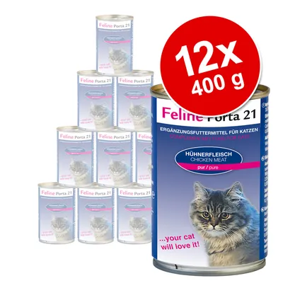 Feline Porta 21 kattemad, Hühnerfleisch Chicken Meat pur/pure, 12x400 g dåser. Tekst: ...your cat will love it! Synligt billede af kat på emballagen.