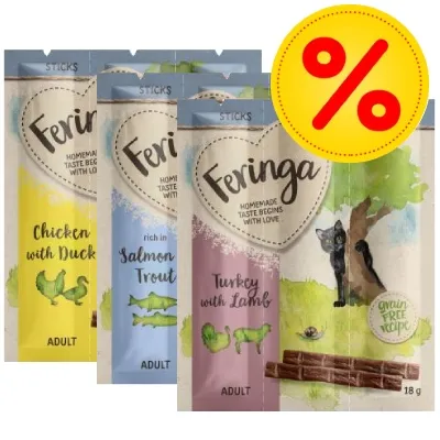 Feringa Sticks för vuxna katter, smaker: Chicken with Duck, Salmon Trout, Turkey with Lamb. Förpackningar med illustrationer och gul rabattmärkning med procenttecken.