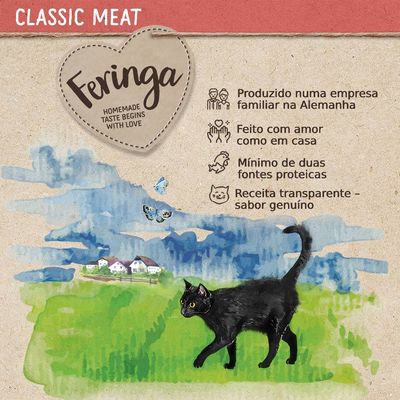 Feringa. Produzido numa empresa familiar na Alemanha. Feito com amor como em casa. Mínimo de duas fontes proteicas. Receita transparente – sabor genuíno.