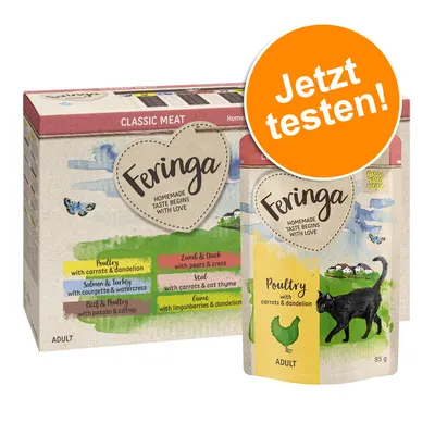 Feringa Classic Meat, assortiment de sachets pour chat adulte. Saveurs visibles : volaille/carottes/pissenlit, agneau/canard/poires/cresson, saumon/dinde/courgette/cresson. Texte allemand : Jetzt testen! Feringa Classic Meat, assortiment de sachets pour chat adulte. Saveurs visibles : volaille/carottes/pissenlit, agneau/canard/poires/cresson, saumon/dinde/courgette/cresson. Texte allemand : Jetzt testen!