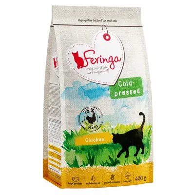 Feringa Trockenfutter für Katzen, kaltgepresst, Sorte Huhn, 75% Fleischanteil, getreidefrei, mit Hanföl, proteinreich, kohlenhydratarm, 400g Packung.