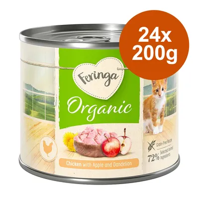 Feringa Organic, 24x200g. Chicken with Apple and Dandelion. Na etykiecie kot, jabłko, mięso, mniszek. 72% selected animal ingredients, grain-free recipe.