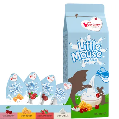 Feringa Little Mouse Milk Snack, confezione da 400 ml e 4 snack da 20 ml ciascuno. Varianti visibili: ciliegia, miele, mirtillo rosso, crema. Testo in inglese: lactose free.