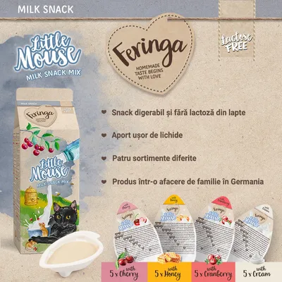 Feringa Little Mouse Milk Snack Mix, snack din lapte fără lactoză, patru sortimente: 5x cireșe, 5x miere, 5x merișor, 5x smântână. Produs într-o afacere de familie în Germania.