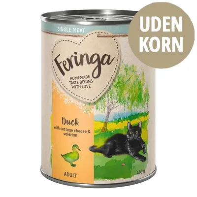 Feringa Duck with cottage cheese & valerian, SINGLE MEAT, HOMEMADE TASTE BEGINS WITH LOVE, ADULT, 410 g. UDEN KORN. Dåse med sort kat og and illustreret.
