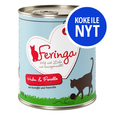 Feringa Huhn & Forelle kissan märkäruoka, näkyvissä teksti 'KOKEILE NYT', makuna kana ja taimen, peruna ja persilja, 800 g tölkki
