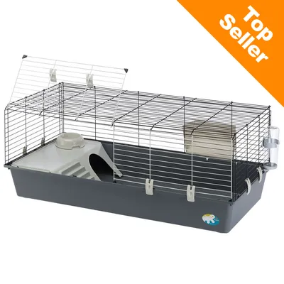 Häkki, jossa harmaa muovipohja, metalliverkko, juomapullo, ruokakuppi ja pesäkoppi. Kulmassa oranssi laatta: Top Seller.