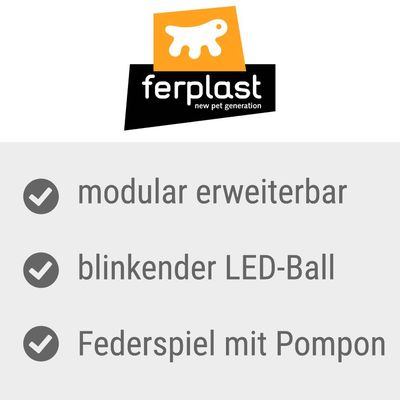 Ferplast logo s textem: modulárně rozšiřitelný, blikající LED míček, hračka s peříčkem a bambulkou.