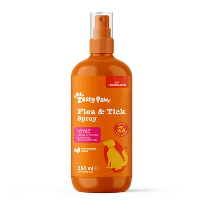 Zesty Paws Flea & Tick Spray, 250 ml. Vet formulated. Helps against fleas and ticks, soothes itchy skin, fast-drying, non-greasy, peppermint scent. Zesty Paws Flea & Tick Spray, 250 ml. Vet formulated. Helps against fleas and ticks, soothes itchy skin, fast-drying, non-greasy, peppermint scent.