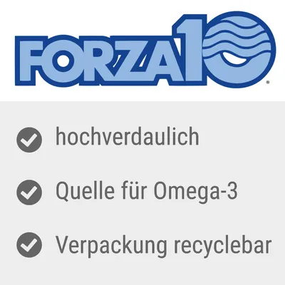 Forza10. Hochverdaulich, Quelle für Omega-3, Verpackung recyclebar.