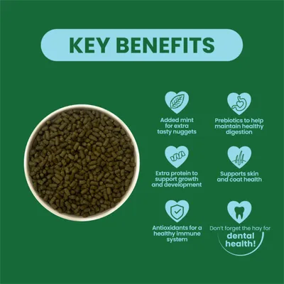Key Benefits: Added mint, prebiotics for healthy digestion, extra protein, supports skin and coat, antioxidants for the immune system, note about hay for dental health. Key Benefits: Added mint, prebiotics for healthy digestion, extra protein, supports skin and coat, antioxidants for the immune system, note about hay for dental health.