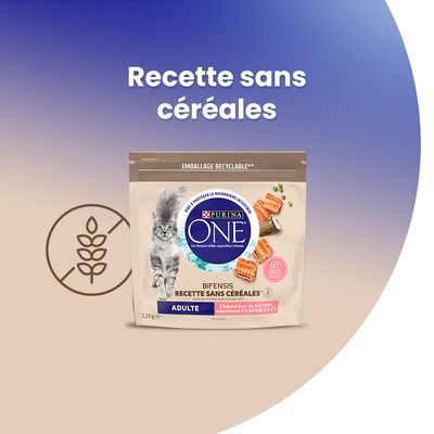 Purina ONE Bifensis Recette sans céréales pour chat adulte, emballage recyclable 1,1 kg, élaboré avec du saumon sélectionné ingrédient n°1. Texte : Recette sans céréales.