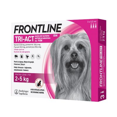 FRONTLINE TRI-ACT dla psów 2–5 kg, 3 x 0,5 ml. Fipronil 33,8 mg, permetryna 252,4 mg. Przeciw pchłom, kleszczom, komarom. Nie stosować u kotów. Boehringer Ingelheim.