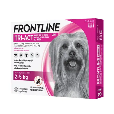 FRONTLINE TRI-ACT dla psów 2–5 kg, 3 x 0,5 ml. Fipronil 33,8 mg, permetryna 252,4 mg. Przeciw pchłom, kleszczom, komarom. Nie stosować u kotów. Boehringer Ingelheim.
