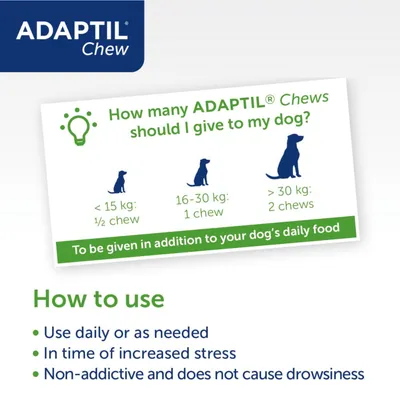 Dosage guide: under 15kg, half chew; 16-30kg, one chew; over 30kg, two chews. Give with daily food. Use daily or as needed, during stress. Non-addictive, does not cause drowsiness.
