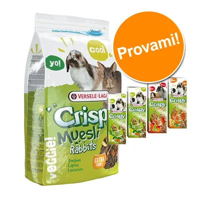 Confezione Versele-Laga Crispy Muesli Rabbits con immagine di due conigli, testo 'yo!', 'cool', 'veggie!', 'EXTRA FIBRES' e assortimento di snack Crispy Sticks. Cerchio arancione: Provami! Confezione Versele-Laga Crispy Muesli Rabbits con immagine di due conigli, testo 'yo!', 'cool', 'veggie!', 'EXTRA FIBRES' e assortimento di snack Crispy Sticks. Cerchio arancione: Provami!