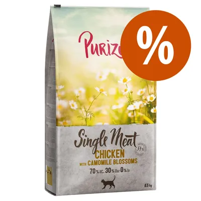 Purizon Single Meat Chicken mit Kamillenblüten, 6,5 kg. 70% Fleisch, 30% Gemüse, 0% Getreide. Katzensymbol und Prozentzeichen für Rabatt sichtbar.
