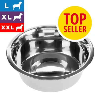 Gamelle en métal pour chien, tailles L, XL, XXL indiquées à gauche. Badge jaune avec texte rouge : TOP SELLER. Gamelle en métal pour chien, tailles L, XL, XXL indiquées à gauche. Badge jaune avec texte rouge : TOP SELLER.