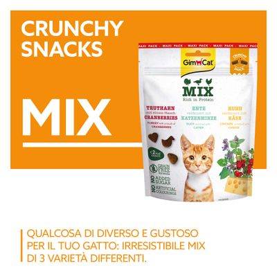 GimCat Mix Crunchy Snack: tacchino con mirtilli rossi, anatra con erba gatta, pollo con formaggio. Senza cereali, senza zuccheri aggiunti, senza coloranti artificiali.
