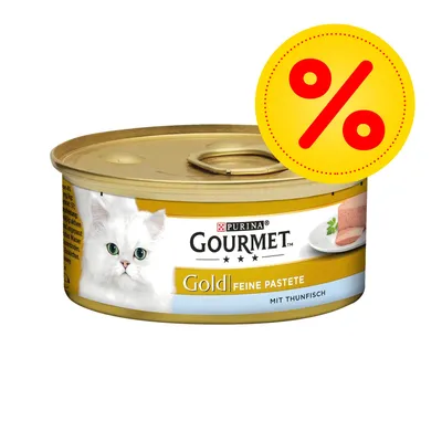 Purina Gourmet Gold Feine Pastete mit Thunfisch -kissanruokapurkki, etiketissä valkoinen kissa ja tarjousmerkki (%)