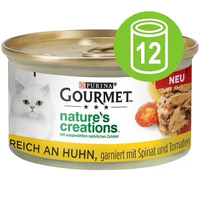 Lata de comida para gatos Purina Gourmet nature's creations. Texto visible en alemán: reich an Huhn, garniert mit Spinat und Tomaten. Paquete de 12 unidades indicado por icono verde.