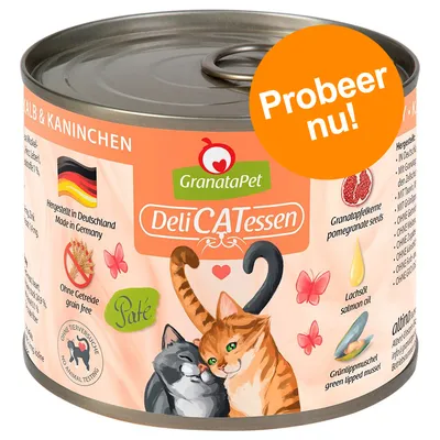 GranataPet DeliCATessen natvoer voor katten, kalf & konijn. Probeer nu! Zonder granen, geen dierproeven, met granaatappelpitten, zalmolie en groenlipmossel. Gemaakt in Duitsland.
