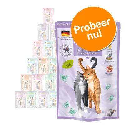 Kattenvoer Ente & Geflügel, Made in Germany, zonder dierproeven, paté, met zalmolie en groenlipmossel, graanvrij. Grote oranje cirkel met tekst: Probeer nu!