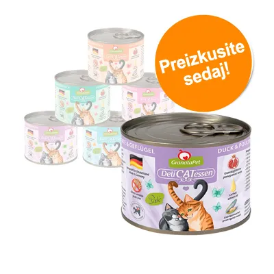 Več pločevink GranataPet DeliCATessen mačje hrane, različne barve embalaže. Na oranžnem krogu besedilo: Preizkusite sedaj!