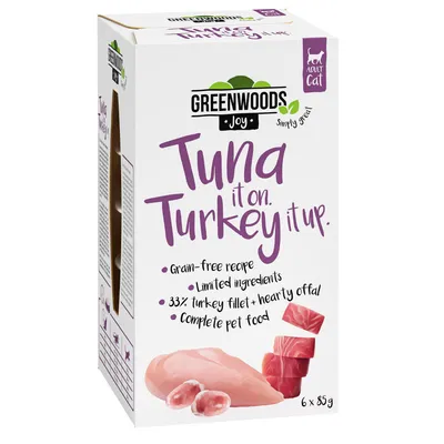 Greenwoods Joy Adult Cat, spannmålsfritt kattfoder med 33 % kalkonfilé och inälvor, begränsade ingredienser, helfoder, 6 x 85 g.